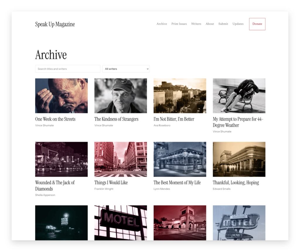Screenshot of the Speak Up Magazine archive page