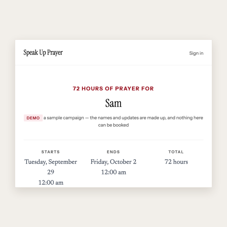 The Speak Up Prayer demo campaign: 72 hours of prayer for Sam